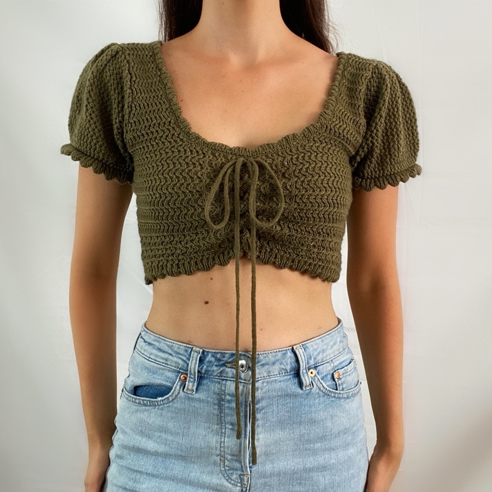 Vintage handmade knit crochet olive green crop top indie small blouse
